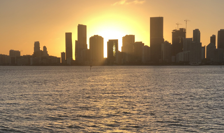 A sunset in Miami is best seen from a yacht in Biscayne Bay. 